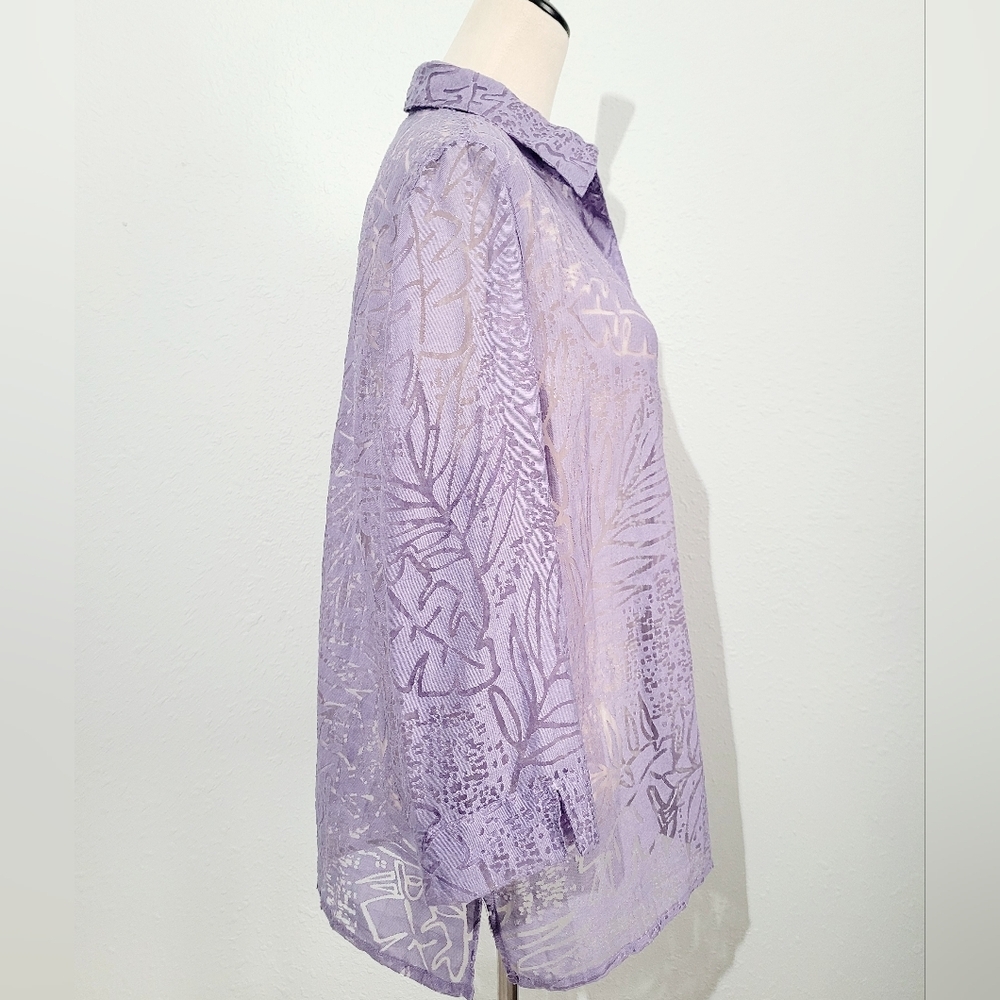 Alfred Dunner Purple Sheer Burnout Button Front Blouse Women’s Size 14 Floral - Picture 5 of 11